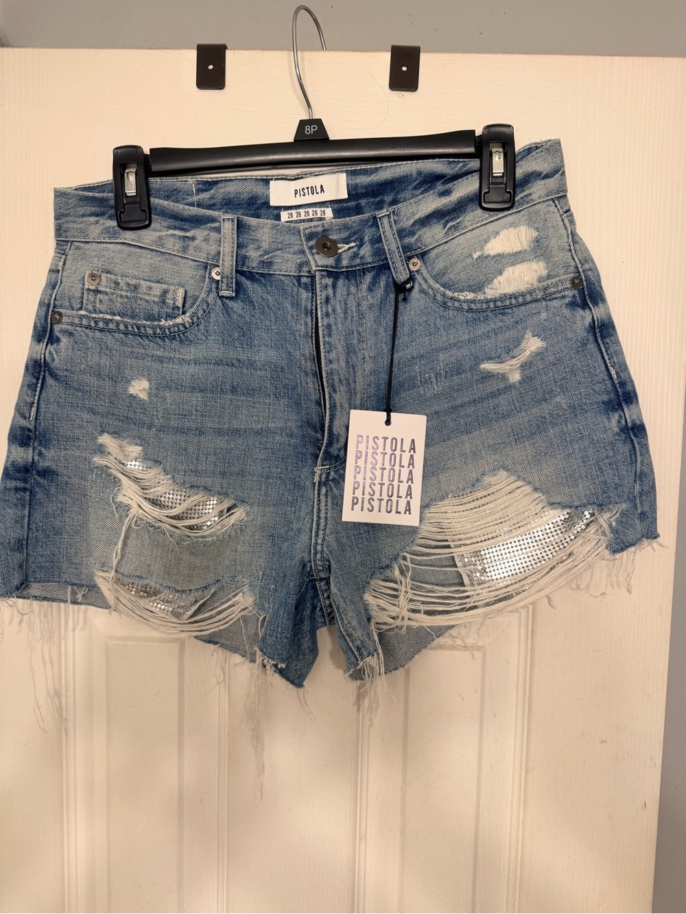 Pistola Ace High Rise ‘90s cut off  Light Blue Distressed Sequin Jean Shorts